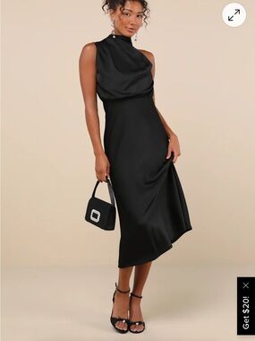 Lulu's Distinctive Charm Black Satin Asymmetrical Midi Dress Medium